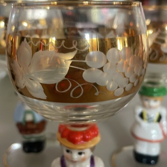 Set of 5 Vintage Goebel Hummel Figurine Cordial Wine Glasses 14k Gold Gilding - Picture 10 of 12